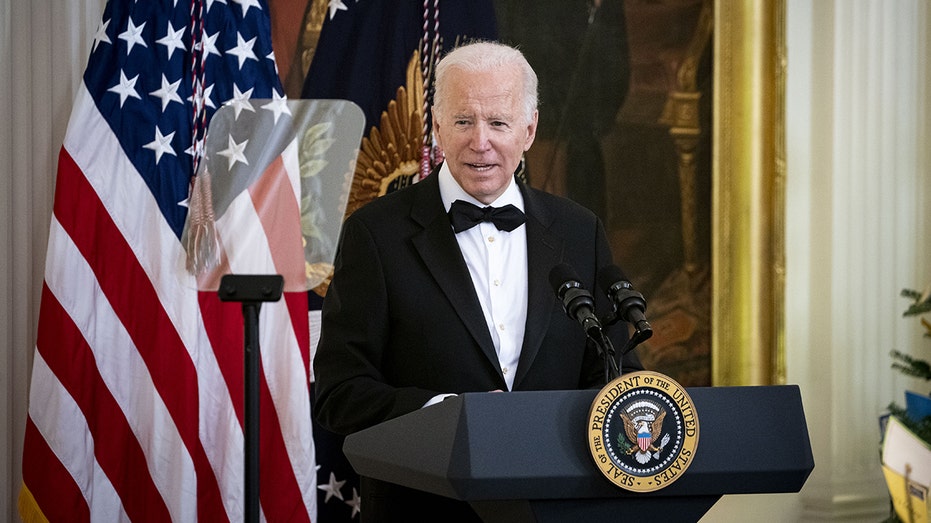 President Biden speaks during the Kennedy Center Honorees Reception in the East Room of the White House on Sunday, Dec. 5, 2021. 