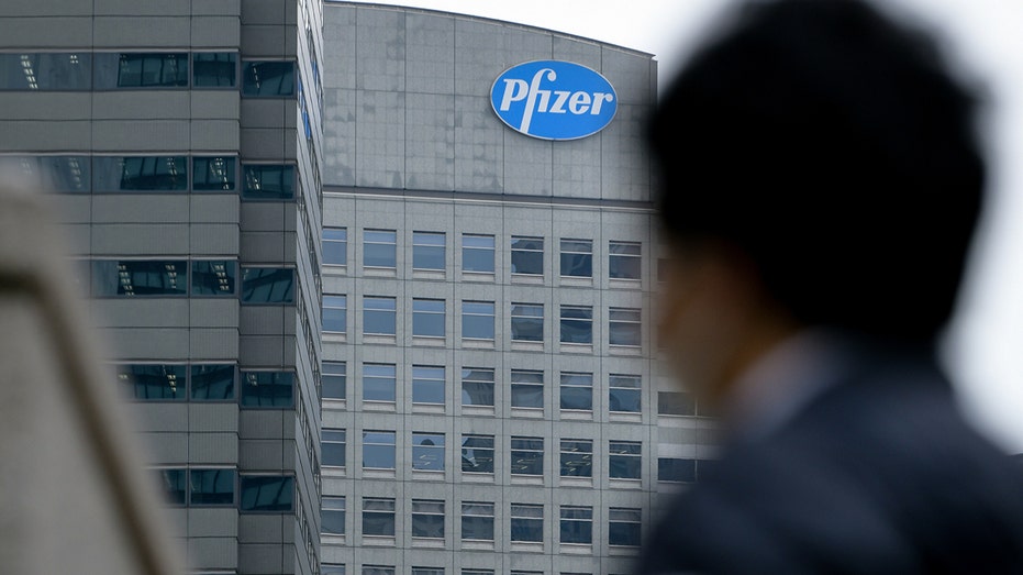 Pfizer on the facade of an office building in Shinjuku area of Tokyo
