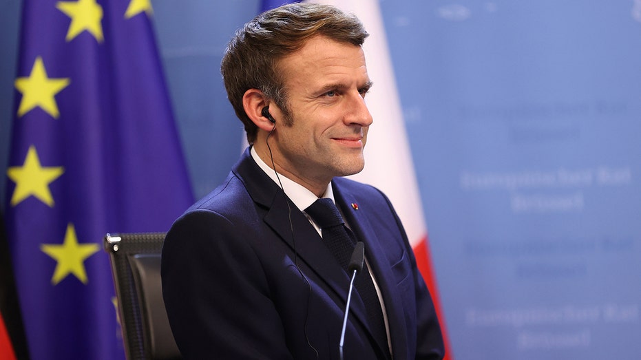Emmanuel Macron, France's president, during a news conference following the European Union (EU) leaders summit in Brussels, Belgium, on Thursday, Dec. 16, 2021. 