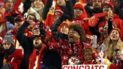 Kansas City Chiefs fans react against the Buffalo Bills during the third quarter in the AFC Divisional Playoff game at Arrowhead Stadium on January 23, 2022 in Kansas City, Missouri. 