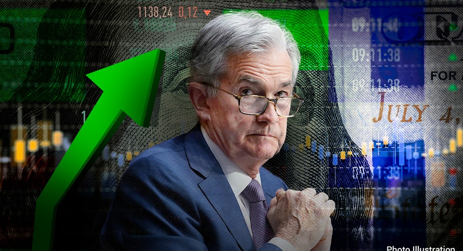 Jerome Powell with stock market illustration