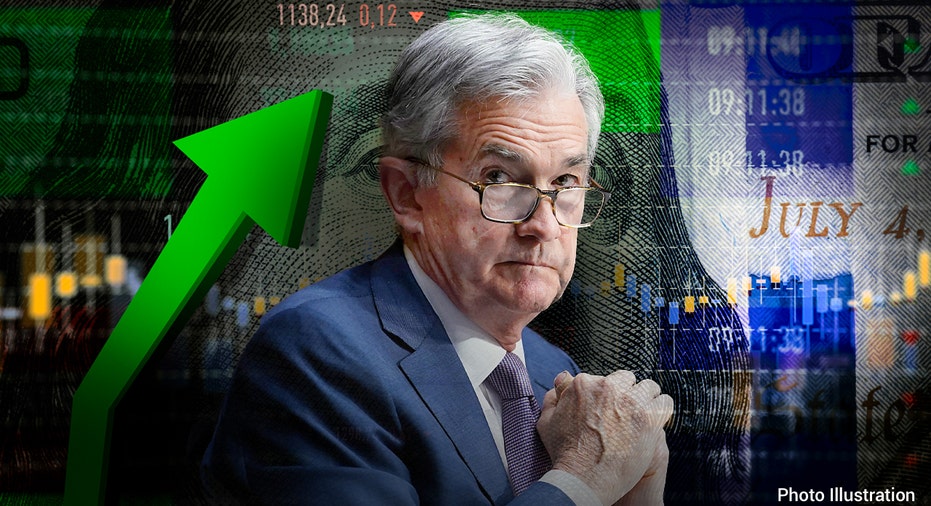 Jerome Powell with stock market illustration