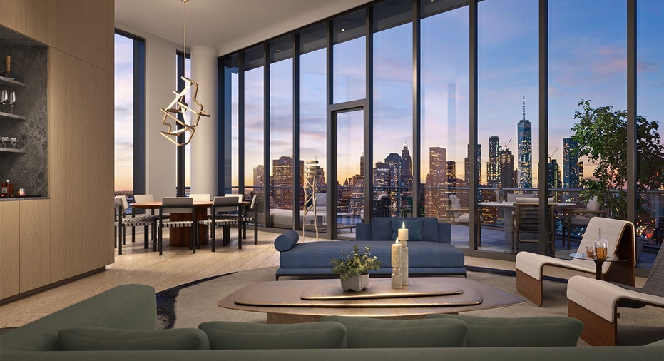 Rendering shows the great room of Penthouse B at Olympia Dumbo.
