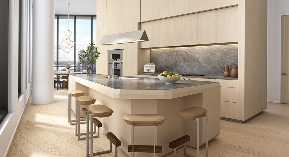 Rendering shows the kitchen of Penthouse B at Olympia Dumbo.
