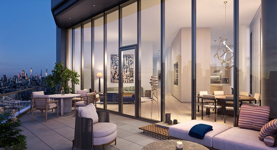 Rendering shows the terrace of Penthouse B at Olympia Dumbo.