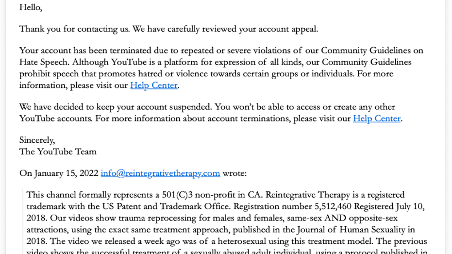 Email screenshot, Reintegrative Therapy Association