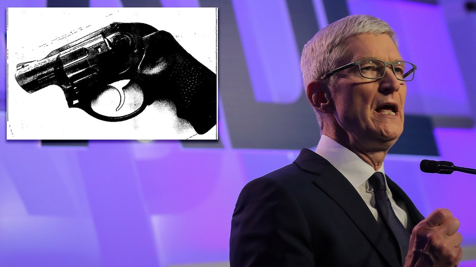 Apple CEO Tim Cook speaks at the Anti-Defamation League's "Never is Now" summit in New York City, New York, U.S., December 3, 2018. Inset: a screenshot of the gun Choi allegedly emailed to Cook.