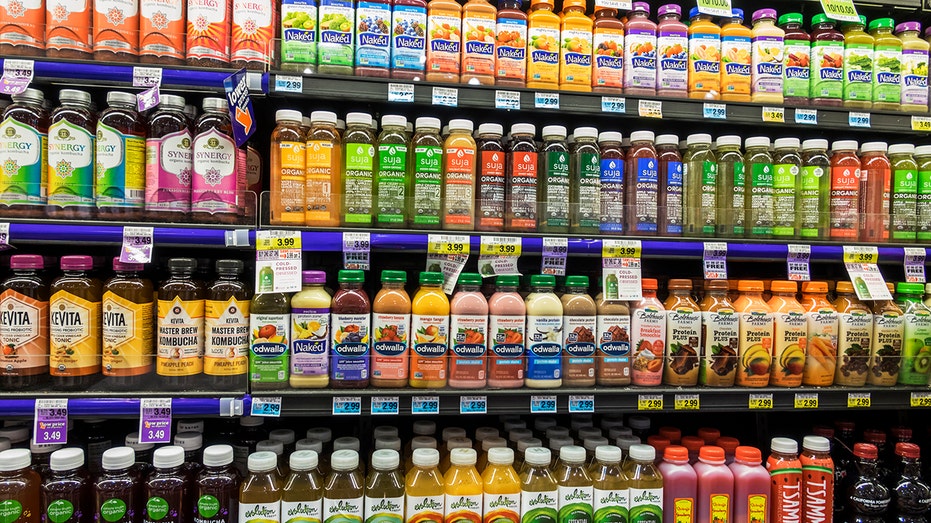 Harris Teeter grocery store juice display in Morehead City, North Carolina