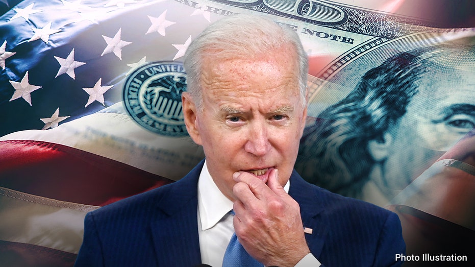 President Biden pictured behind a 100-dollar bill