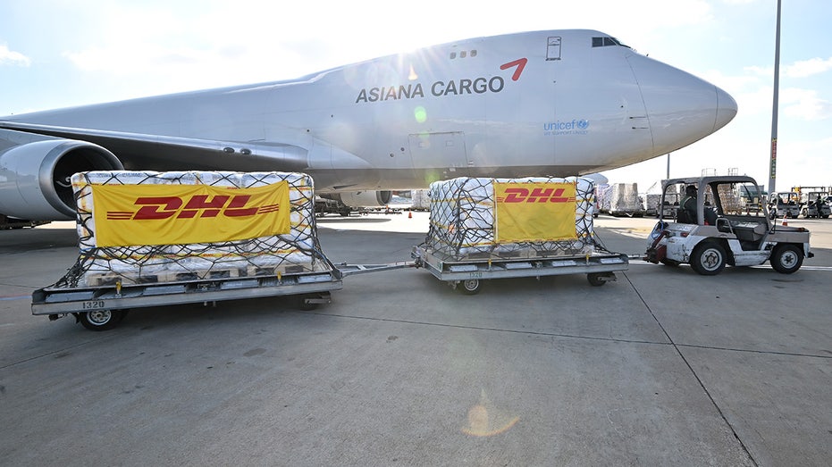 pallets of a shipment of Pfizer's antiviral COVID-19 pills, Paxlovid, as they arrive at a Incheon International Airport cargo terminal