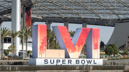 The Super Bowl LVI logo stands outside Sofi Stadium. The Los Angeles Rams and Cincinnati Bengals will meet here on February 13, 2022 in the 56th final game for the Vince Lombardi Trophy.
