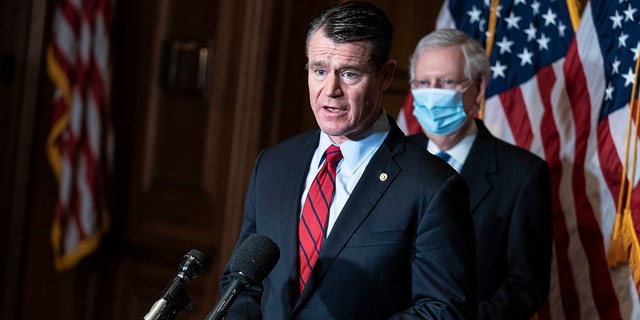 Sen. Todd Young, R-Ind,, speaks during a news conference following a weekly meeting with the Senate Republican caucus at the U.S. Capitol on December 8, 2020 in Washington, DC. 