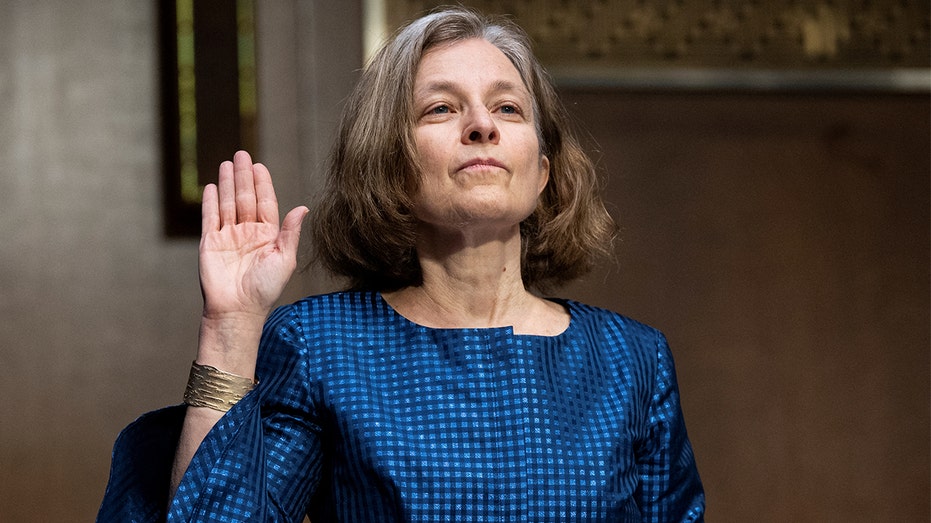 Sarah Bloom Raskin, nominated to be vice chairman for supervision and a member of the Federal Reserve Board of Governors, is sworn in before a Senate Banking, Housing and Urban Affairs Committee confirmation hearing on Capitol Hill in Washington, Feb. 3, 2022. 