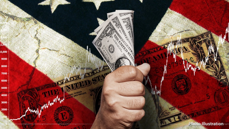 A photo illustration of the U.S. Dollar and American flag. 