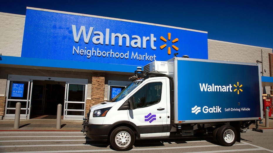 A Gatik truck outside Walmart's Neighborhood Market in Bentonville, Arkansas.