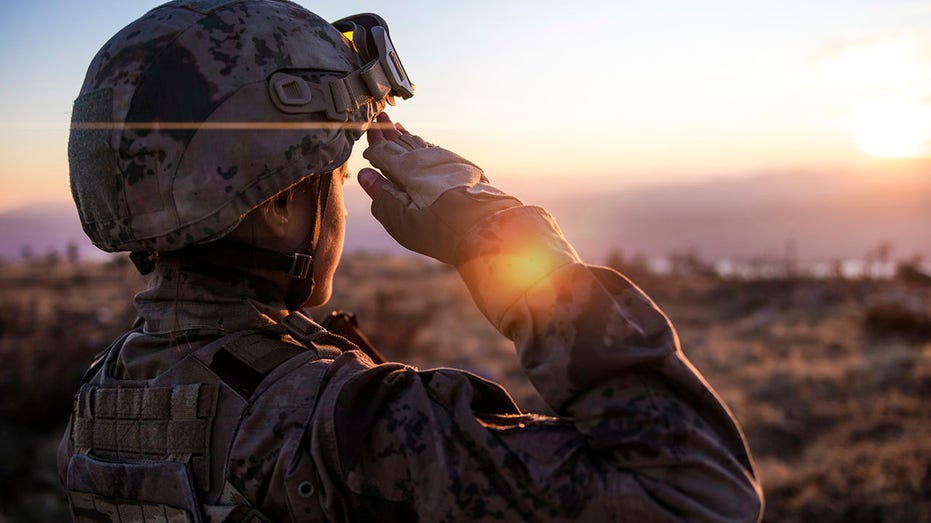 Female Army Solider Saluting against sunset sky