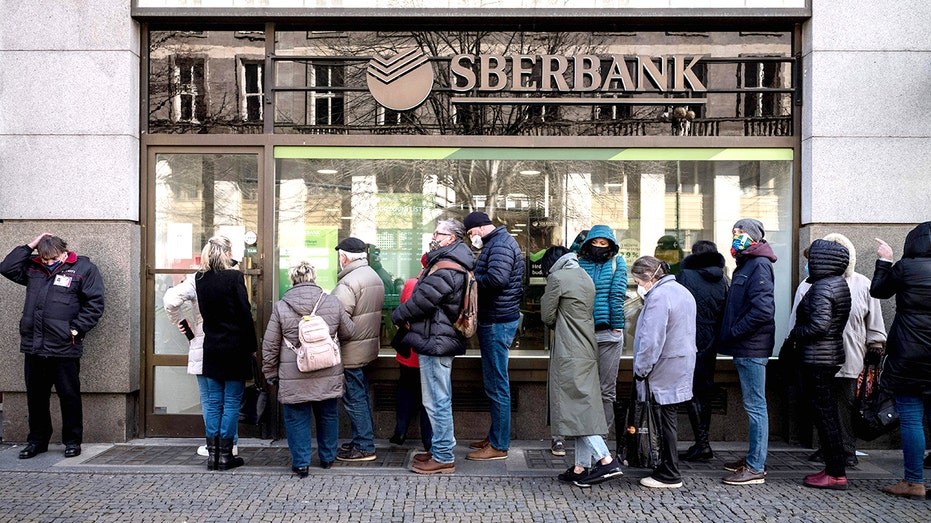 Line of people outside Russian bank