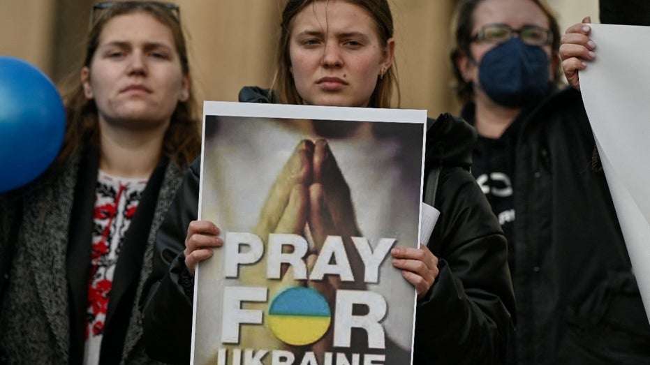 Ukrainians living in Greece demonstrate in central Athens after Russia launched attack on Ukraine, on Feb. 24, 2022.