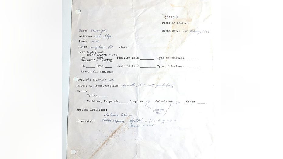 Steve Jobs' 1973 job application for employment at Atari