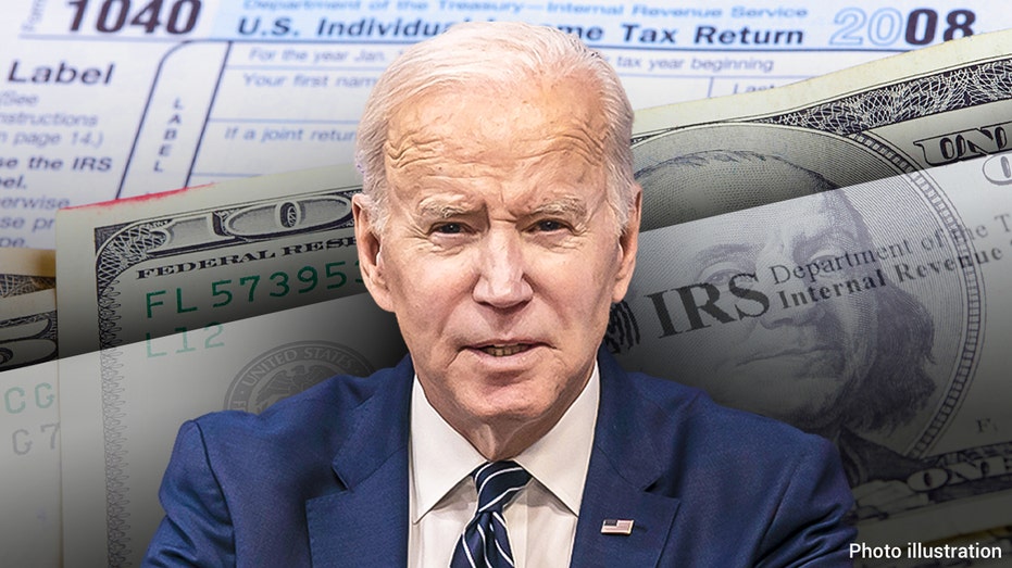 Biden photo illustration with tax papers