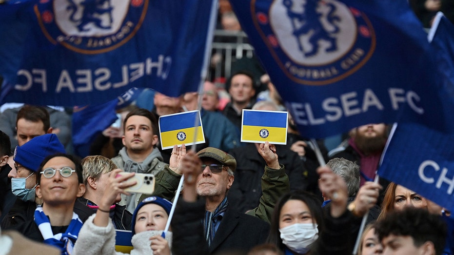 Chelsea supporters wave Ukraine flags at Wembley Stadium