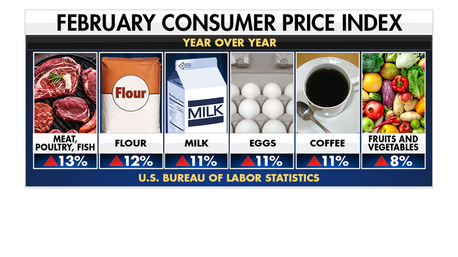 Data from the U.S. Bureau of Labor Statistics shows year-over-year rise in the consumer price of common household goods from February 2022.