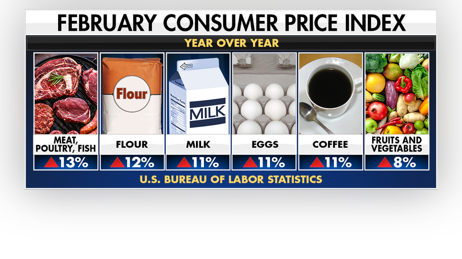 Data from the U.S. Bureau of Labor Statistics shows year-over-year rise in the consumer price of common household goods from February 2022.