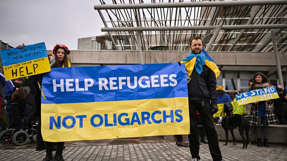Members of the public show their support for Ukraine.