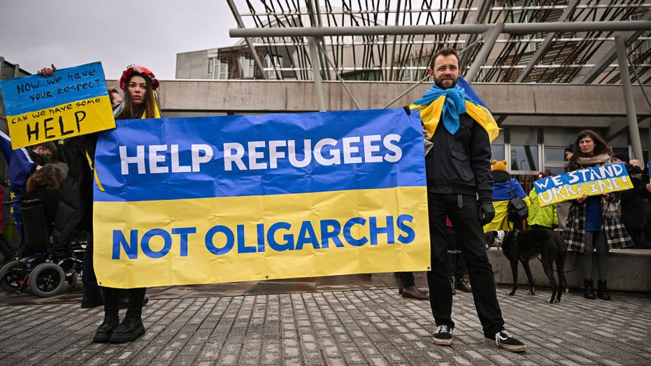 Members of the public show their support for Ukraine.