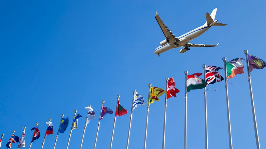 Airplane flyover the National flags