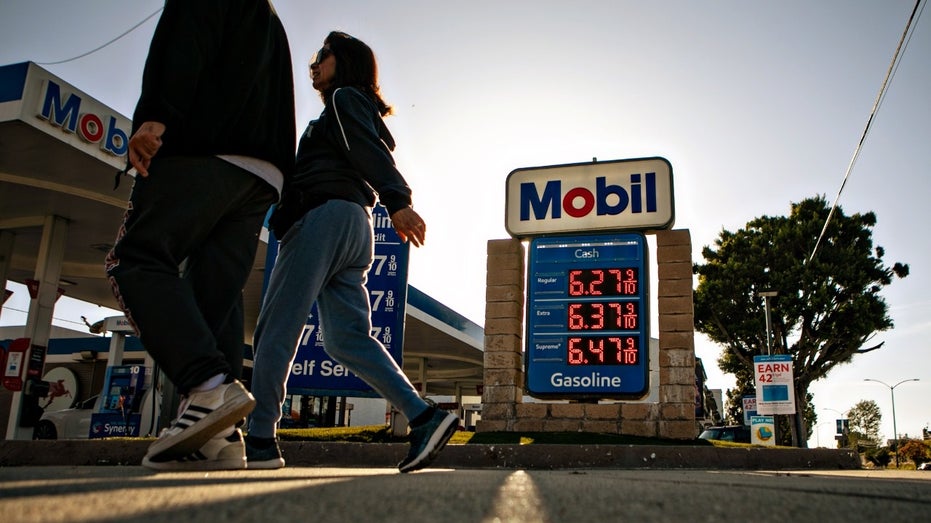 Gas price displayed on Mobil sign in California