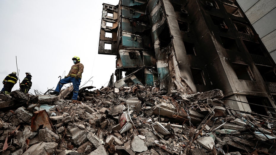 rubble in Kyiv from Russia's unprovoked invasion