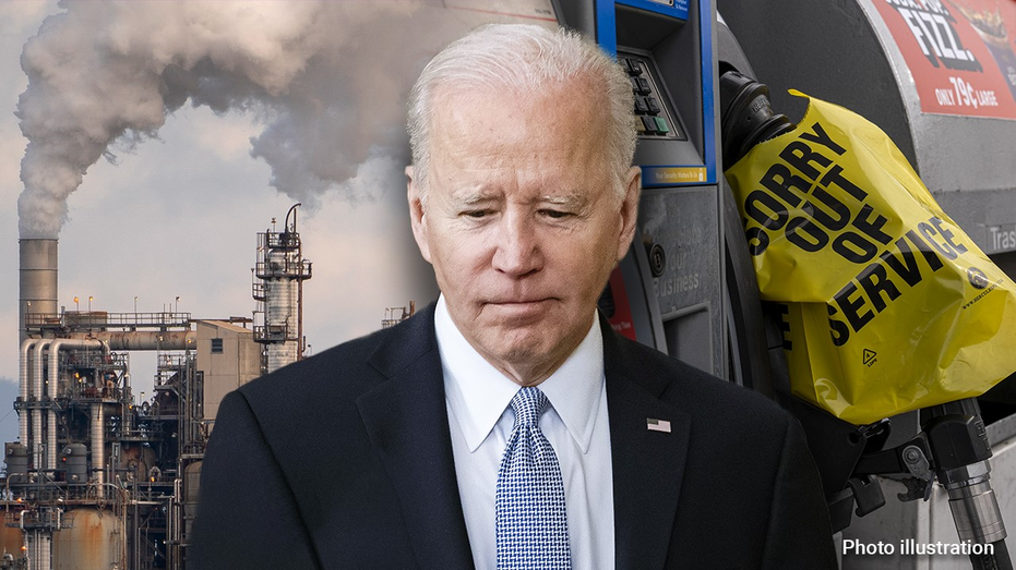 President Biden in a photo illustration with gas pump and oil refinery