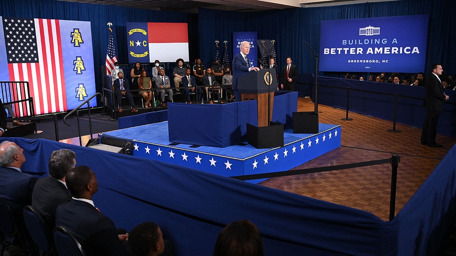 US President Joe Biden speaks at the Alumni-Foundation Event Center of North Carolina Agricultural and Technical State University in Greensboro, North Carolina on April 14, 2022. - US President Joe Biden traveled to North Carolina on Thursday to tout his efforts on combating inflation and jumpstarting high-tech research and manufacturing to make the United States more competitive in the global economy.