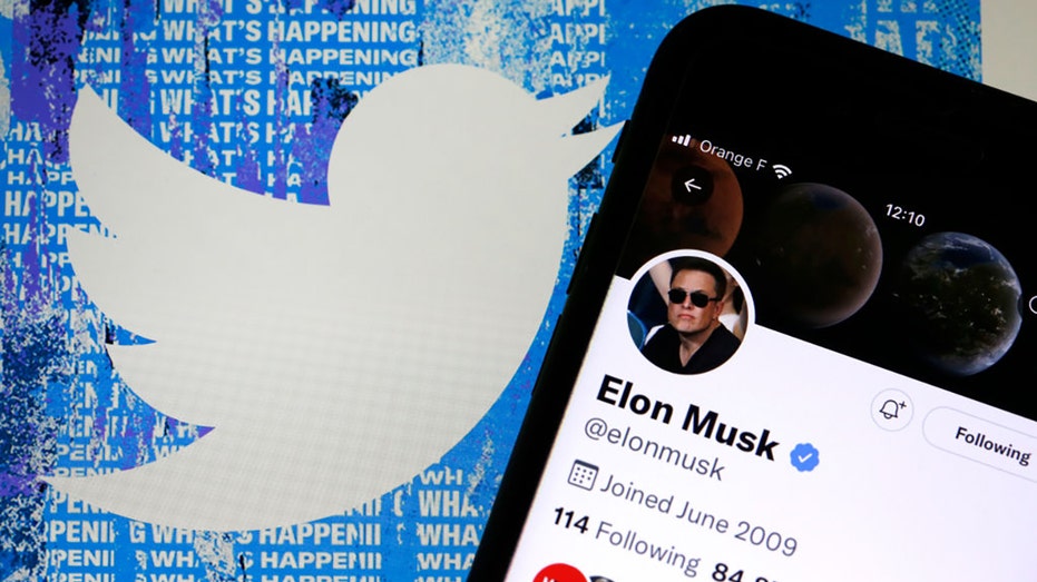 Elon Musks Twitter account is displayed on the screen of an iPhone in front of the homepage of the Twitter website