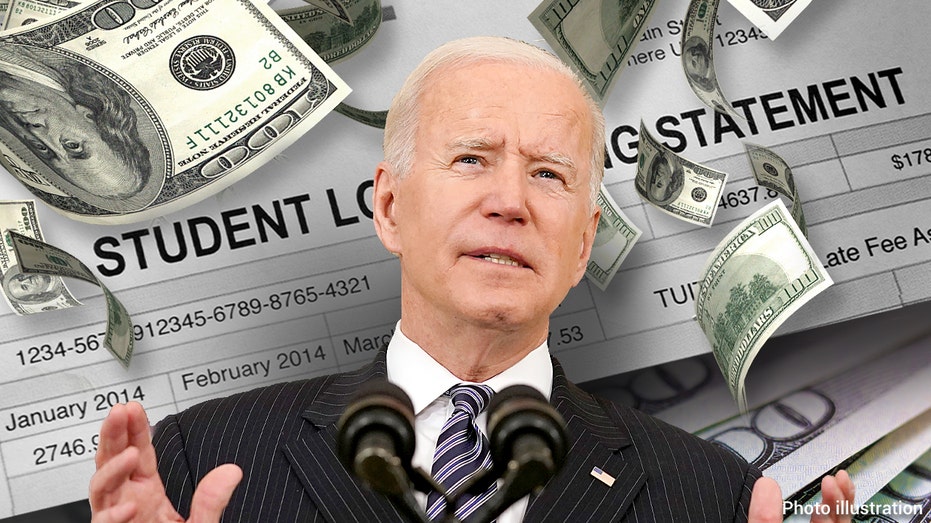 President Biden in a photo illustration showing money and a student loan agreement