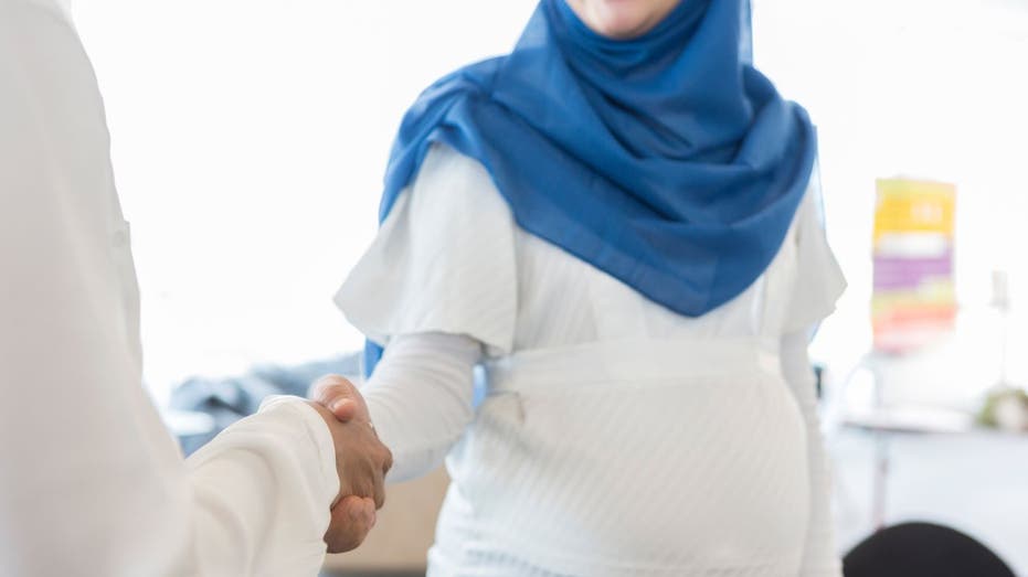 Pregnant woman shaking hands