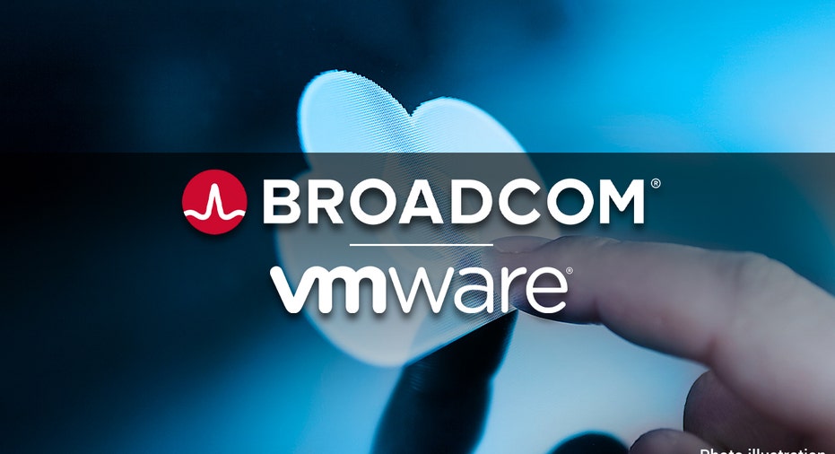 An illustration of the Broadcom and VMware logos