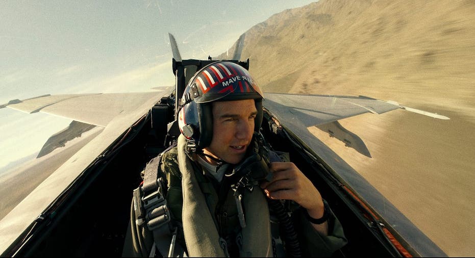 Tom Cruise flying in a jet in "Top Gun: Maverick"