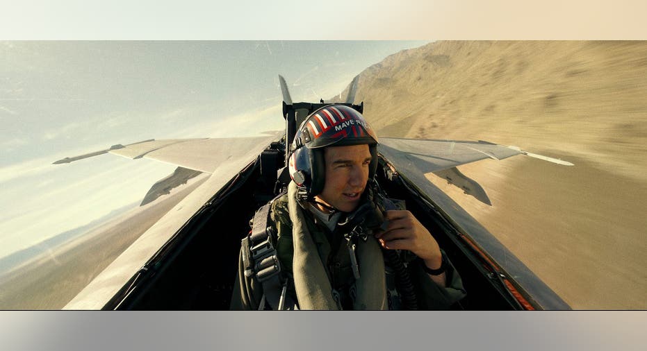 Tom Cruise flying in a jet in "Top Gun: Maverick"