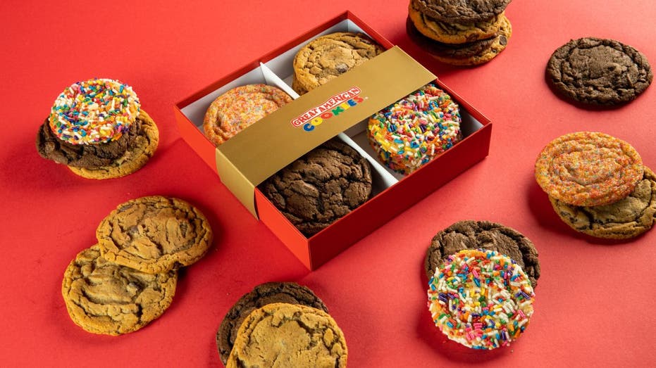 Closeup photo of a Great American Cookies gift box