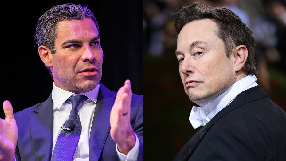 Split photo of Miami Mayor Francis Suarez (left) and Elon Musk (right)