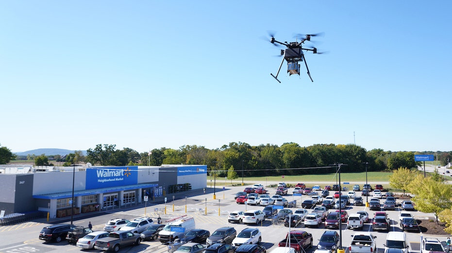 A drone takes off from Walmart's Farmdale, Arkansas store