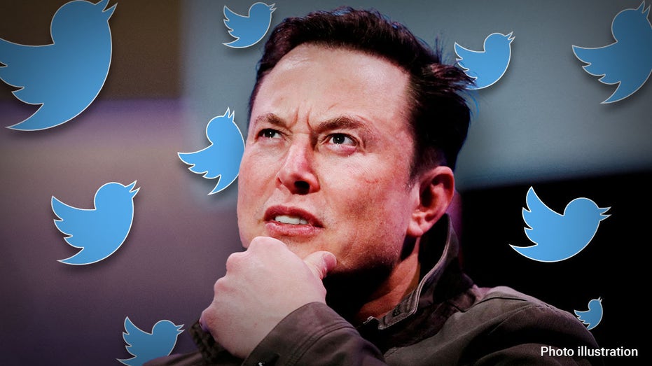 Elon Musk with Twitter logos around him