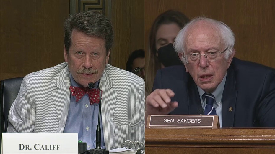 FDA Commissioner Robert Califf and Sen. Bernie Sanders during a Senate hearing
