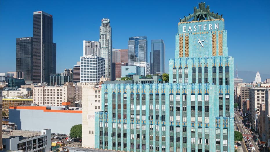 Eastern Columbia Building and a cityscape view of Downtown Los Angeles, California