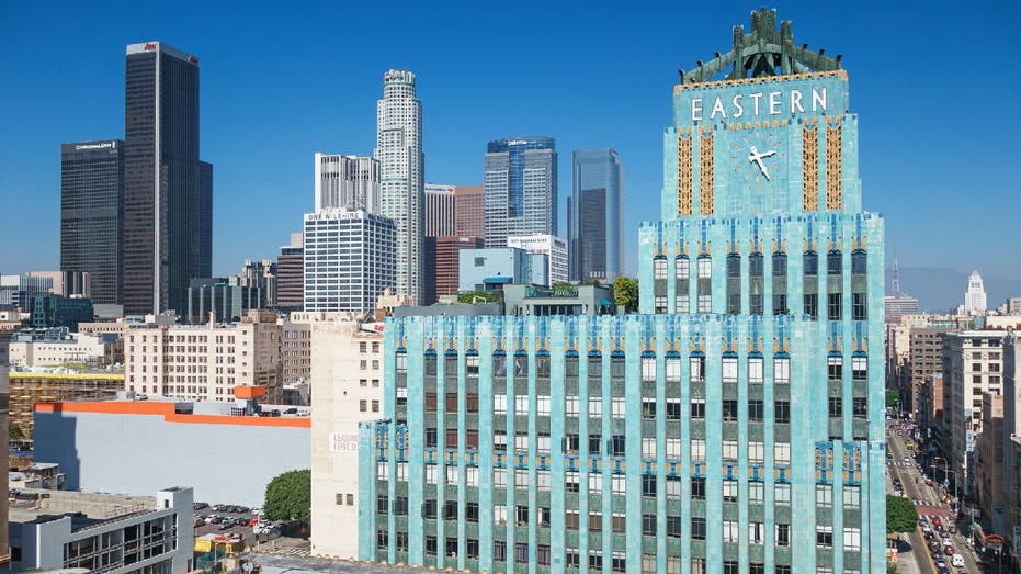 Eastern Columbia Building and a cityscape view of Downtown Los Angeles, California