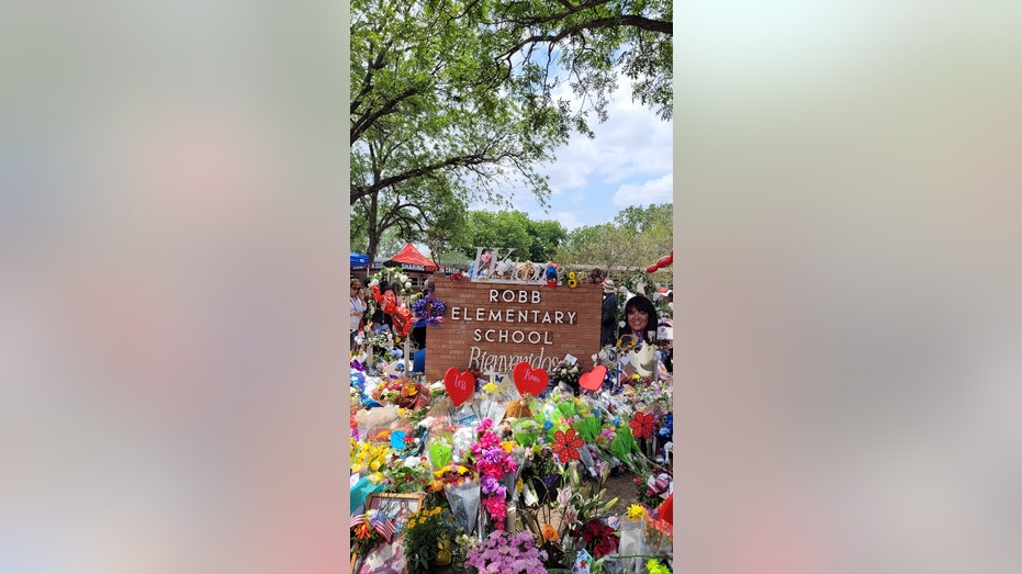 flowers at Robb Elementary School in Uvalde, Texas