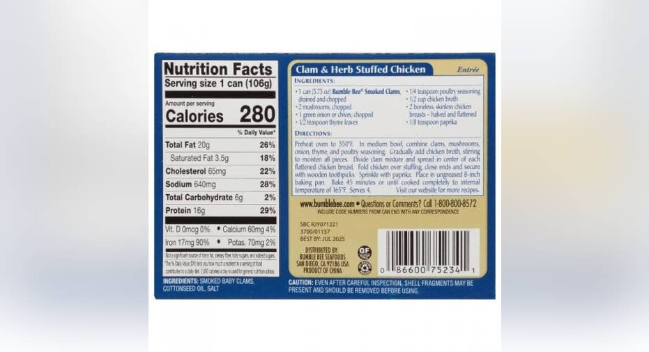Bumble Bee's smoke clams nutrition
