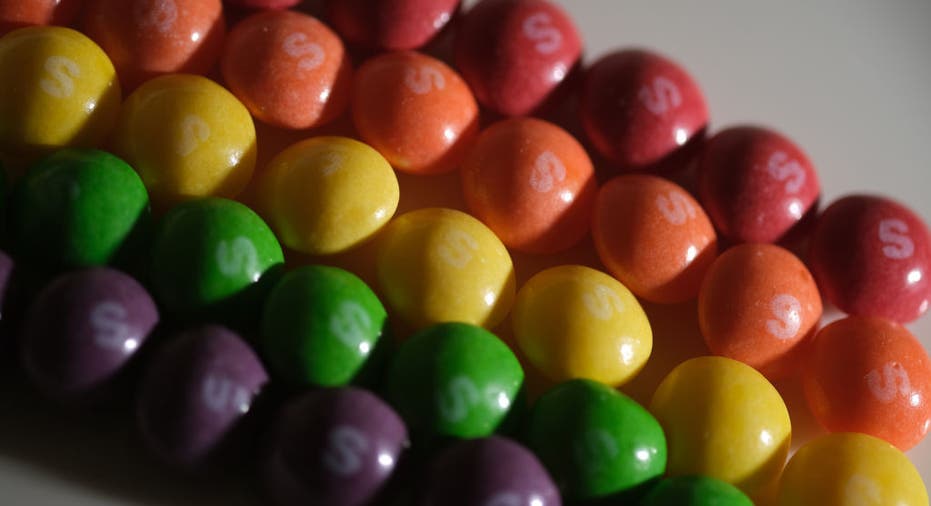 Skittles' candy lined up